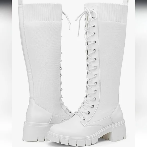 Women's White Knee-High Lace-Up Boots PU and Knit Material New - Picture 1 of 16